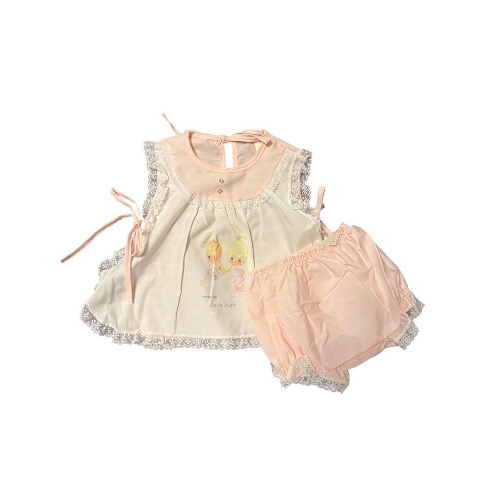 Vtg Precious Moments Pink Angel Apron Top Bloomers Set 18M Dress diaper cover